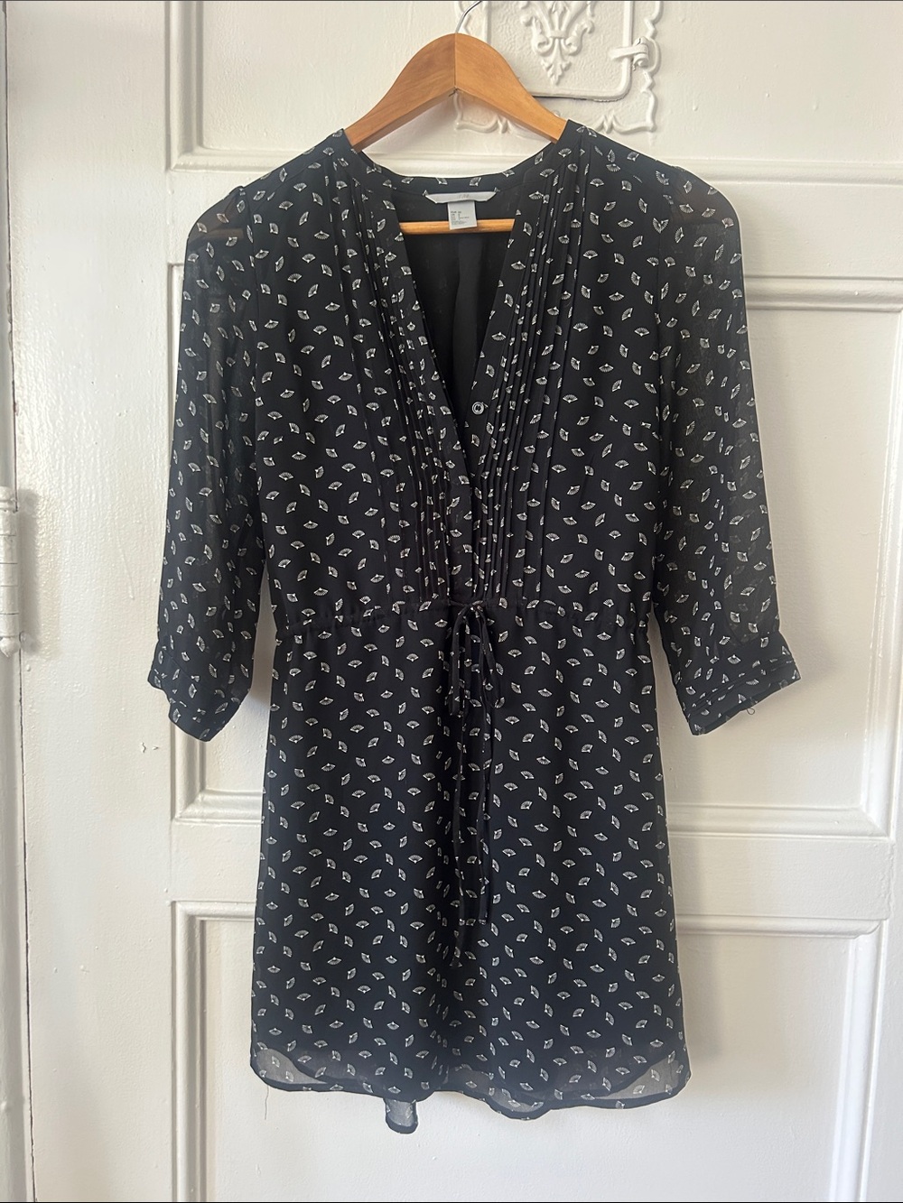 H&M Black Mini Dress with White Leaf Print